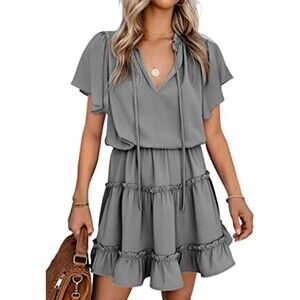 Dokotoo Short Sleeve Split V Neck Ruffle Chiffon Short Dress Sz L
